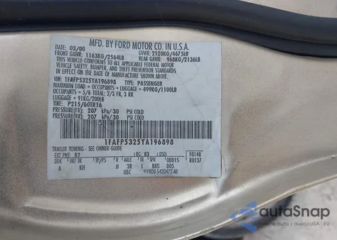 2000 Ford Taurus Se из США, поврежденный, VIN 1FAFP5325YA196898